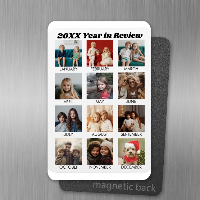 Year in Review - 12 Photo Collage - Calendar Magnet (Personalized fridge magnet with photos and custom text)