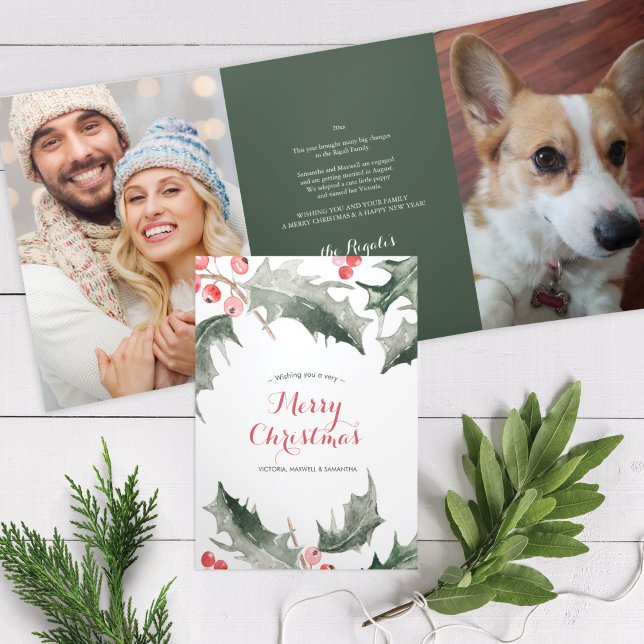 Year In Review Customizable Christmas Cards (Christmas Card tri-fold card photo Year In Review Botanical )