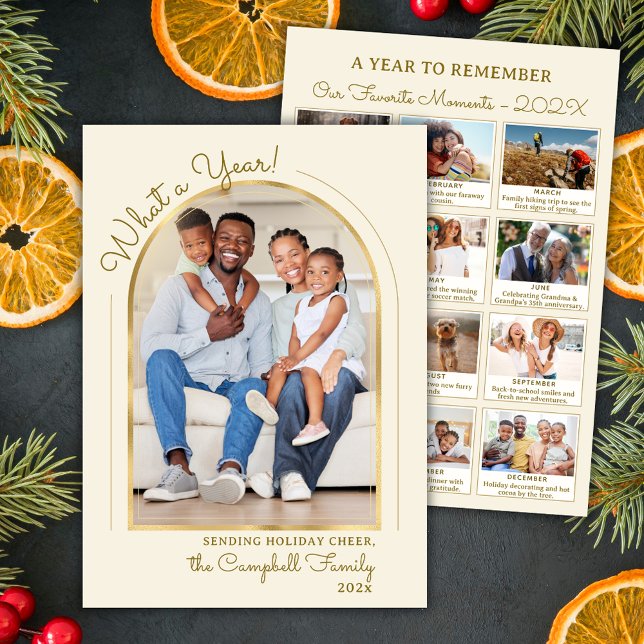  Year in Review Gold Beige Arch Photo Collage Holiday Card (Creator Uploaded)
