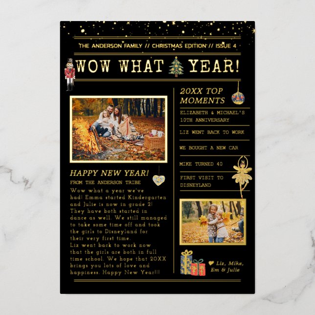 Year in Review Letter | Family Christmas Flyer Foil Holiday Card (Front)