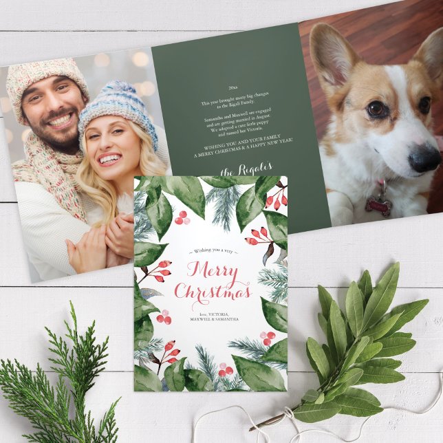 Year In Review Merry Christmas Card (Christmas Card tri-fold card photo Year In Review Botanical pet)