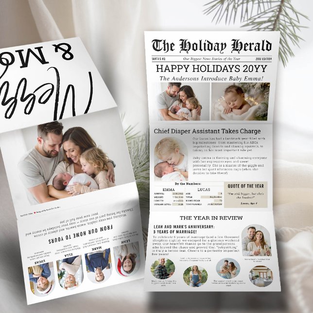 Year in Review Newspaper Family Baby Arch Photos Tri-Fold Holiday Card (family christmas card baby announcement newspaper year in review trifold photo collage merry bright)