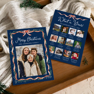 Year in Review Red Ribbon Greenery Christmas Photo Holiday Card