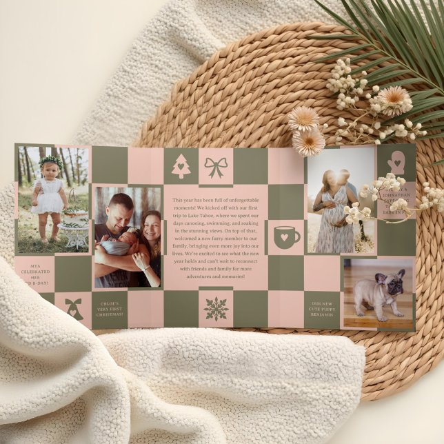 Year in Review Retro Chequered Christmas Photos Tri-Fold Holiday Card (Year in Review Retro Checkered Christmas Photos Tri-Fold Holiday Card)