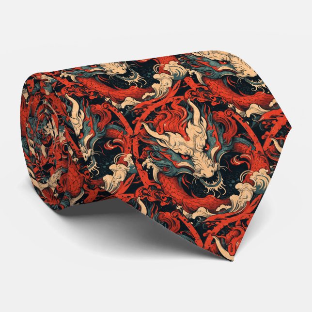 Year of the Dragon Chinese Red and Green Tie (Rolled)