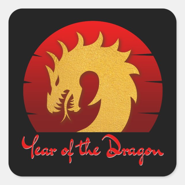 YEAR OF THE DRAGON GOLD RED SQUARE STICKER (Front)