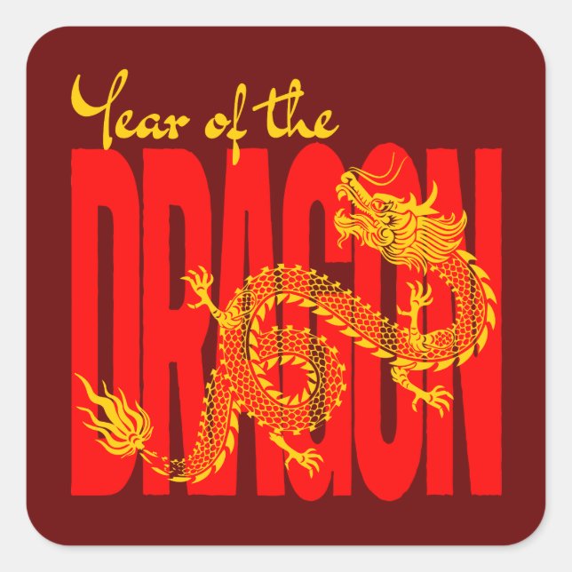 Year of the Dragon Red Gold Square Sticker (Front)