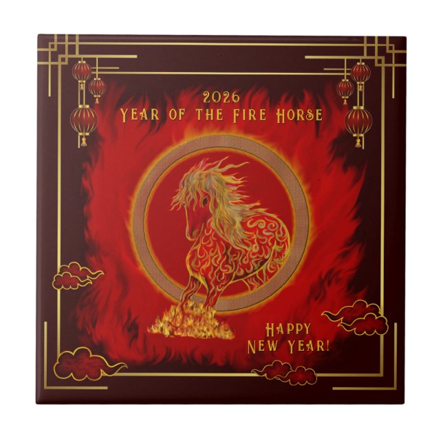 Year of the Fire Horse , Happy Lunar New Year Ceramic Tile (Front)