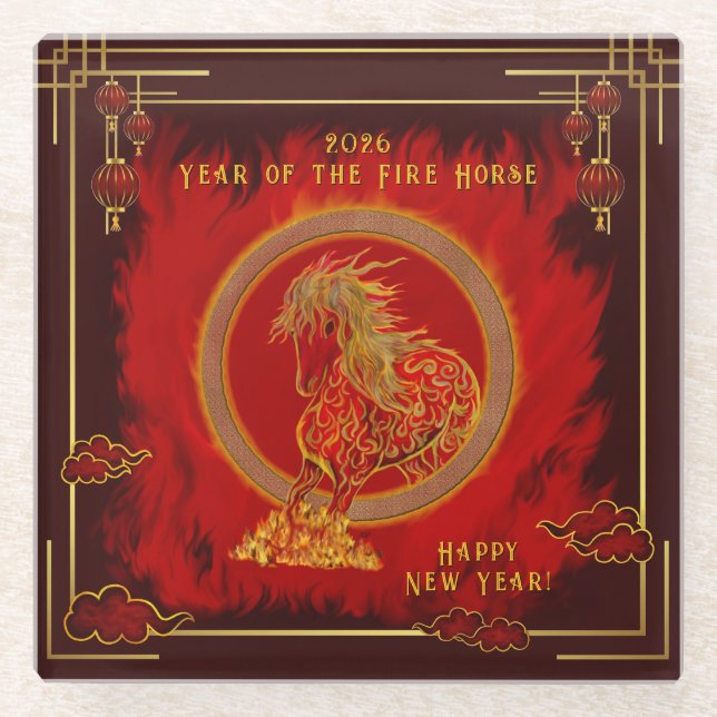 Year of the Fire Horse , Happy Lunar New Year Glass Coaster (Front)