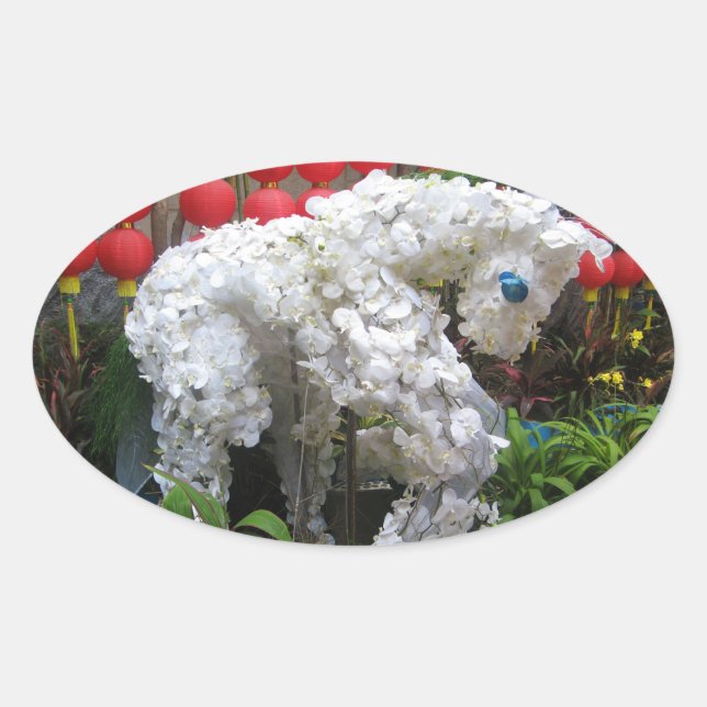 Year of the Horse | 春節馬 ... Chinese Flower Topiary Oval Sticker (Front)