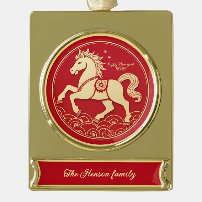 Year of the Horse 2026 Chinese New Year  Gold Plated Banner Ornament (Front)