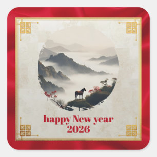 Year of the Horse 2026 Chinese New Year Mountain Square Sticker