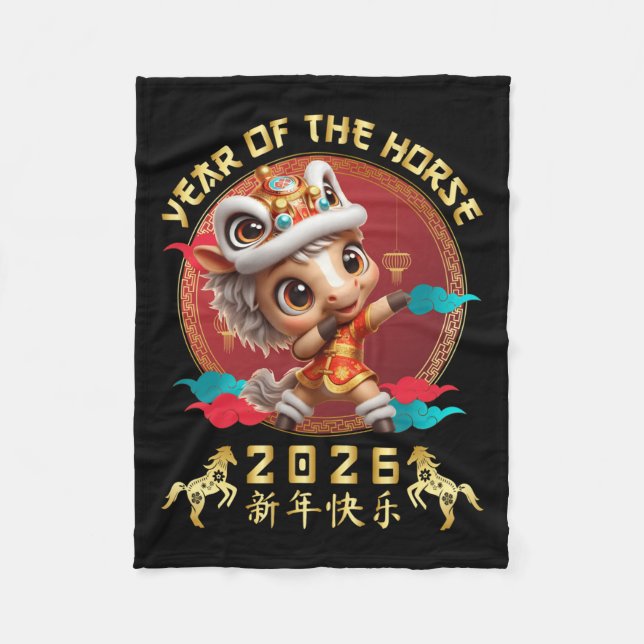 Year Of The Horse 2026 Cute Chinese Lunar New Year Fleece Blanket (Front)