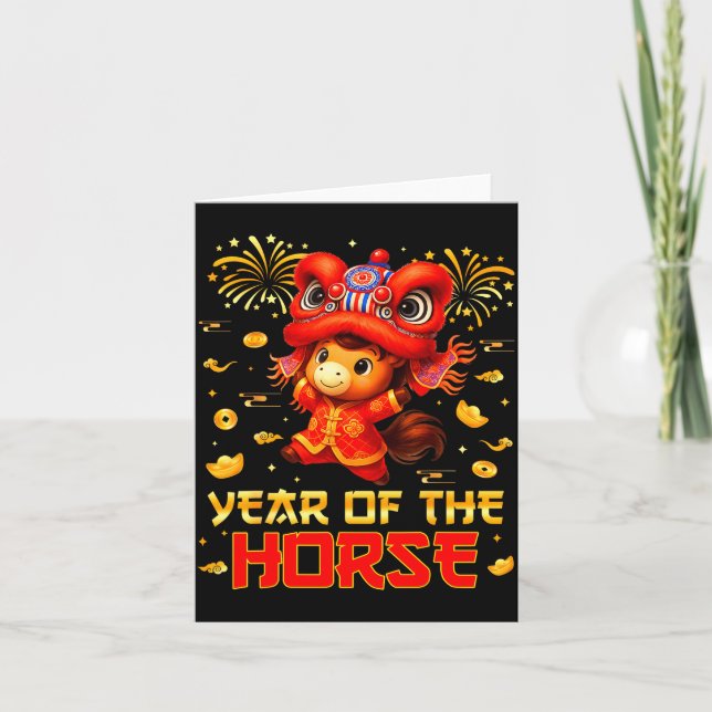 Year Of The Horse Lion Dance Lunar Chinese New Yea Card (Front)