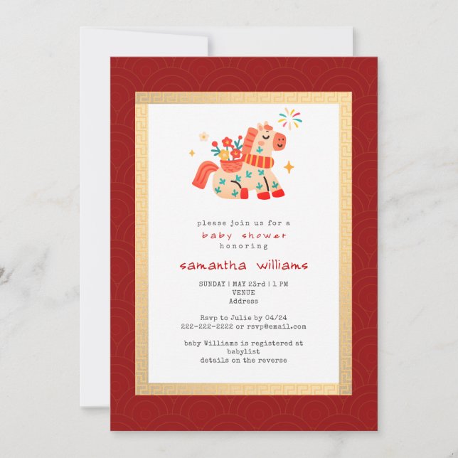 Year of the Horse Red Gold Horse Baby Shower Invitation (Front)