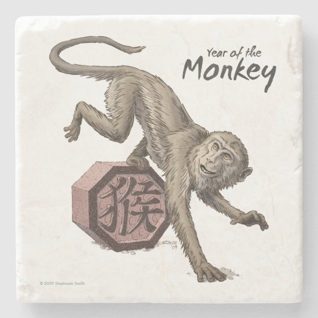 Year of the Monkey Chinese Zodiac Animal Art Stone Coaster (Front)