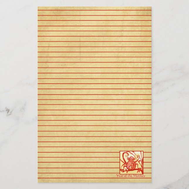 Year of the Monkey Watercolor Red Lined Stationery (Front)