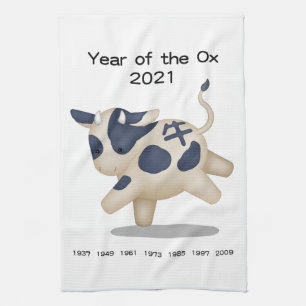 Year of the Ox Cute Zodiac Animal 2021 Tea Towel