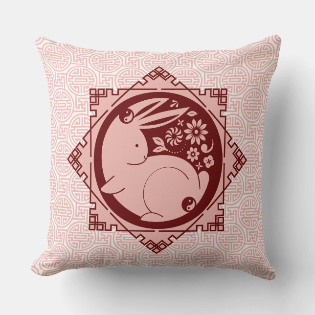 Year of the Rabbit Mantras Chinese New Year Pink Cushion (Front)