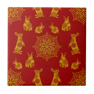 Year of the Rabbit Red and Gold Mandala Pattern Ceramic Tile