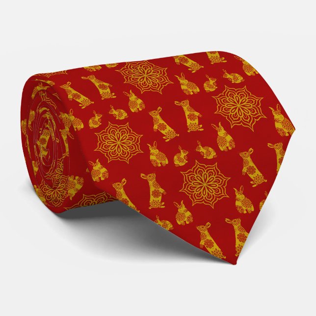 Year of the Rabbit Red and Gold Mandala Pattern Tie (Rolled)