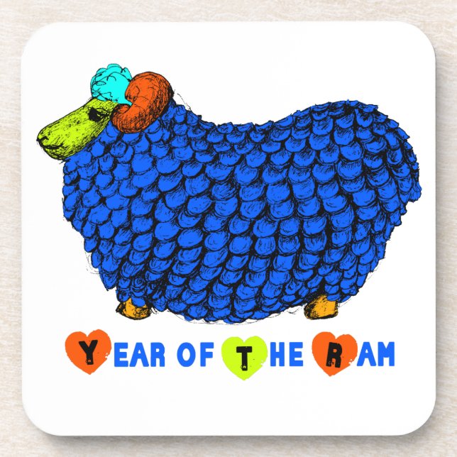 Year of the Ram Sheep or Goat Blue Cork Coaster (Front)