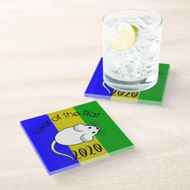 Year of the Rat 2020 Mouse with Text Glass Coaster (Angled)