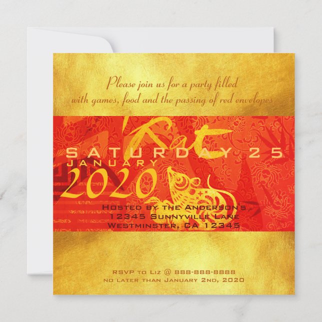 Year of the Rat 2020 with Chinese Wishes Square C Invitation (Back)