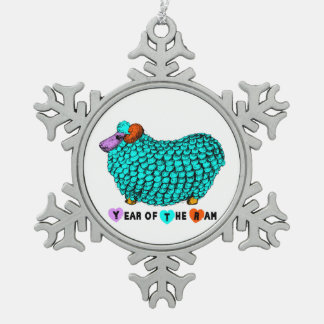 Year of the Sheep Funny Turquoise Ram Snowflake Pewter Christmas Ornament