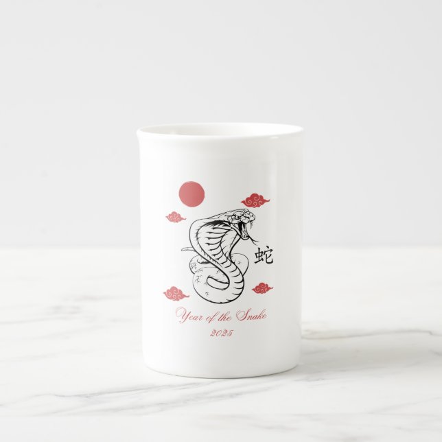 Year of the Snake 2025 with Chinese word snake. Bone China Mug (Front)