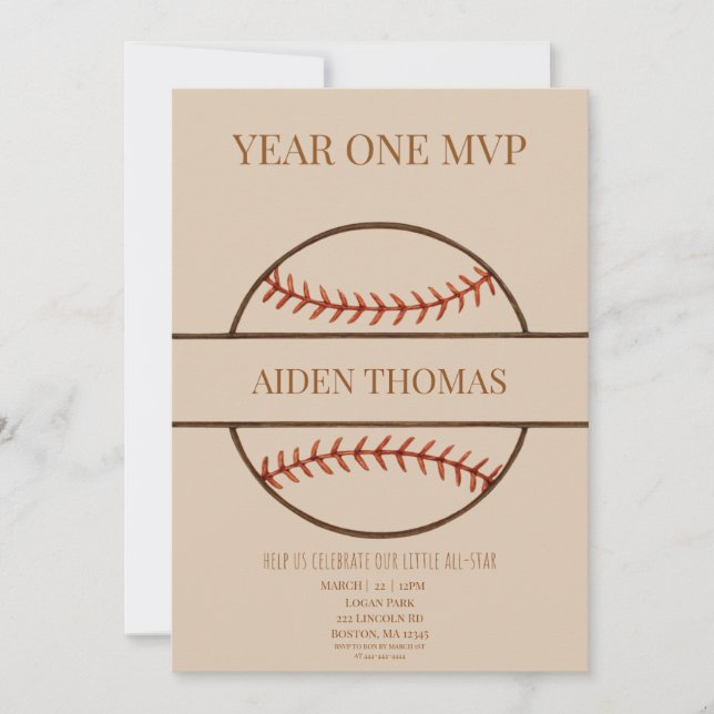 Year One MVP Baseball First Birthday Invitation (Front)