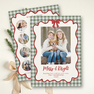 Year Review Red Bow Green Gingham Family Christmas Holiday Card