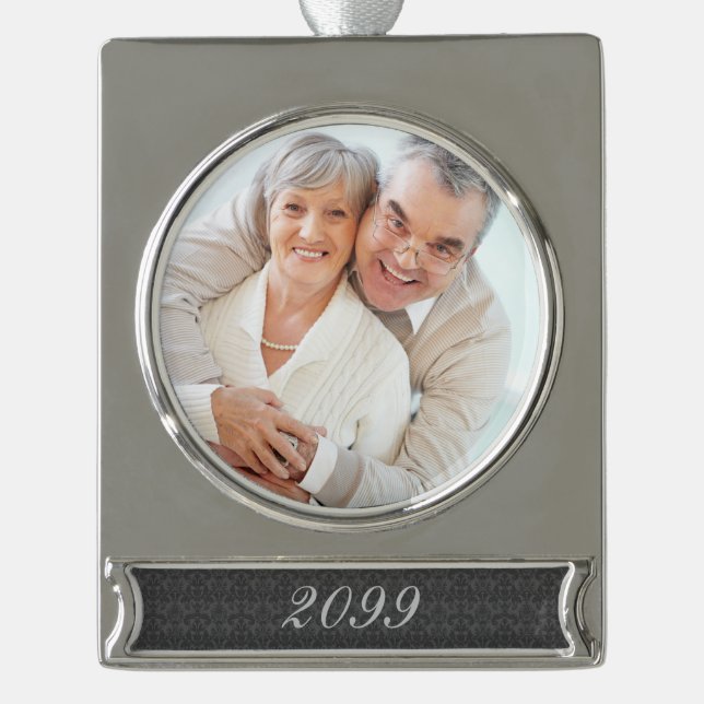 Year Specific Charcoal Damask with Photo Silver Plated Banner Ornament (Front)