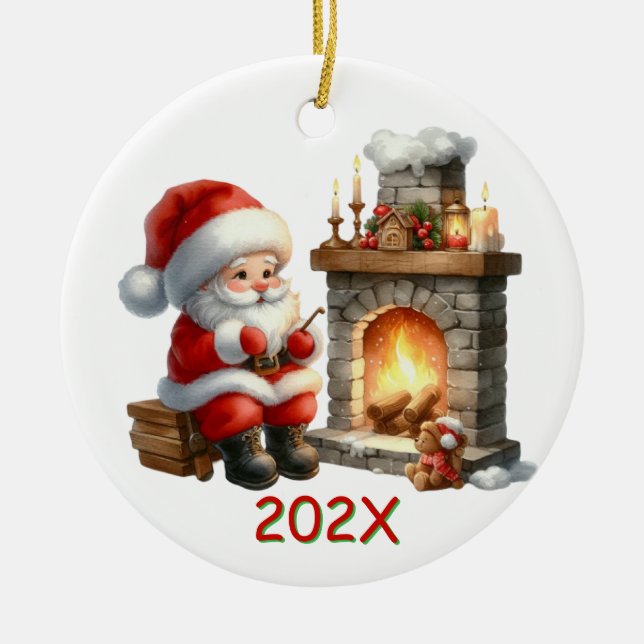 Yearly Santa By The Fire Ceramic Ornament (Front)