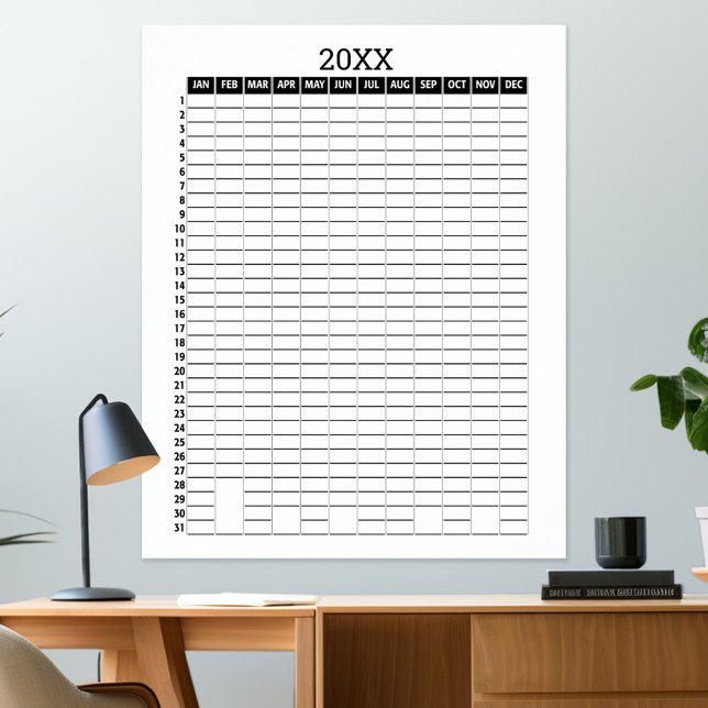 Yearly View Calendar - Black White Goal Planner Poster (any year - calendar poster)