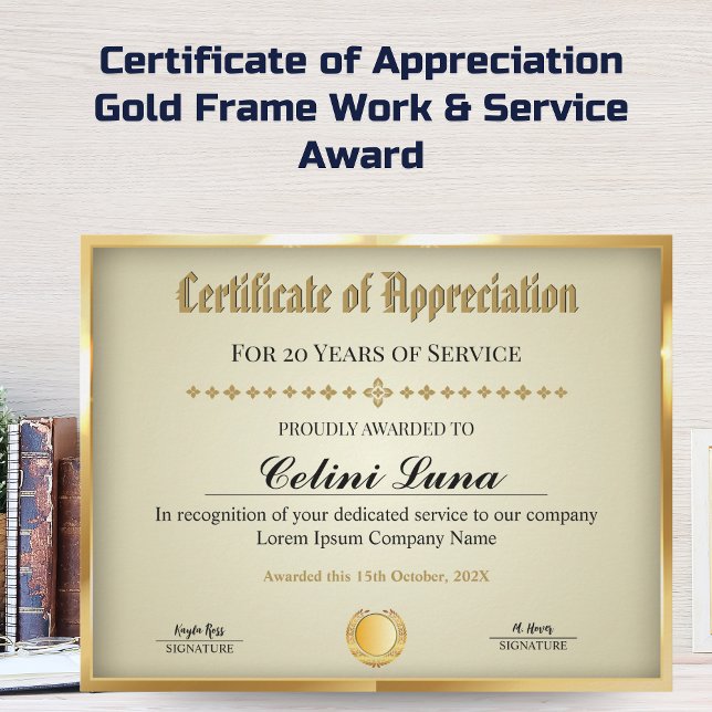 Years of Service Certificate - Professional Gold (Certificate of Appreciation - Gold Frame Work & Service Award)