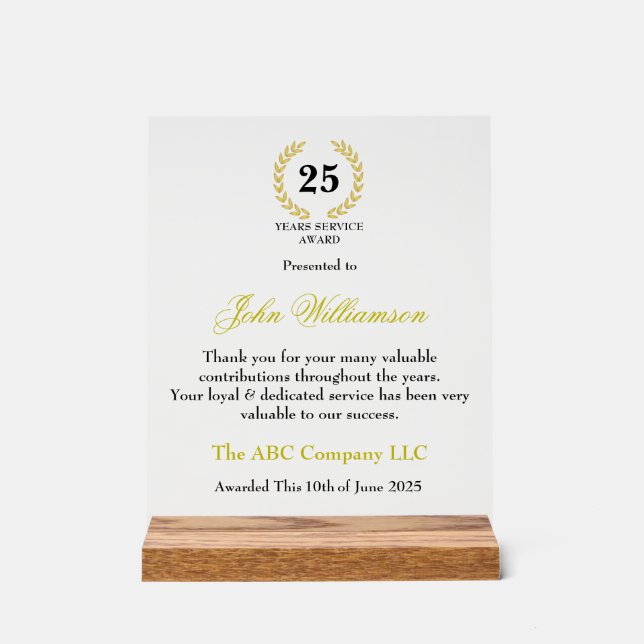 Years Services Award Acrylic Sign (Front)