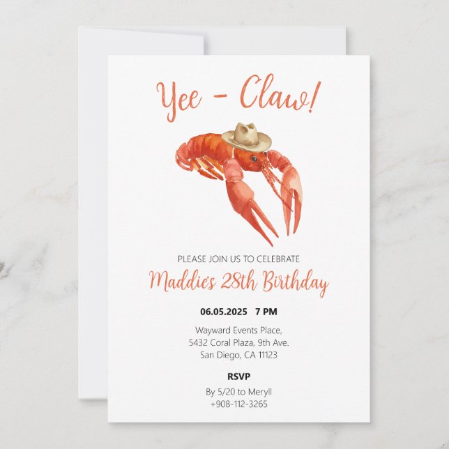 Yee Claw Crawfish Boil Watercolor Birthday Invitation (Front)