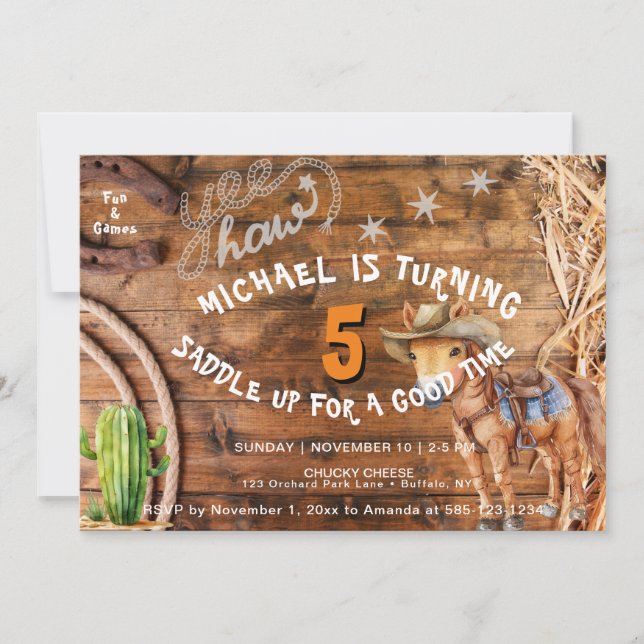 Yee Haw Cowboy Rodeo Saddle Up Birthday Invitation (Front)