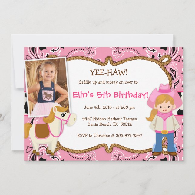 YEE-HAW! Cowgirl Themed Birthday Party Invitations (Front)