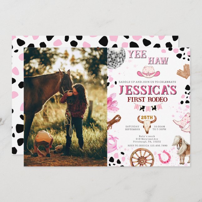 Yee Haw Disco Cowgirl Photo Rodeo Birthday Invitation (Front/Back)