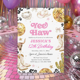 Yee Haw Disco Cowgirl Rodeo Pink Birthday Party Invitation