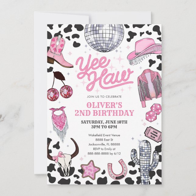 Yee Haw Girl Rodeo Retro Disco Cowgirl Birthday Invitation (Front)