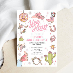 Yee Haw Girl Rodeo Retro Disco Cowgirl Birthday Invitation