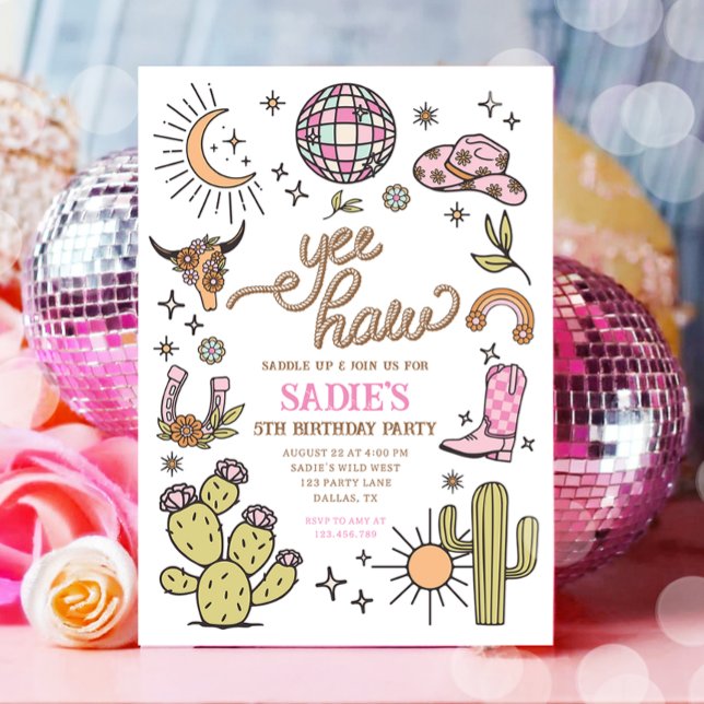 Yee Haw Girl Rodeo Retro Disco Cowgirl Birthday Invitation (Creator Uploaded)