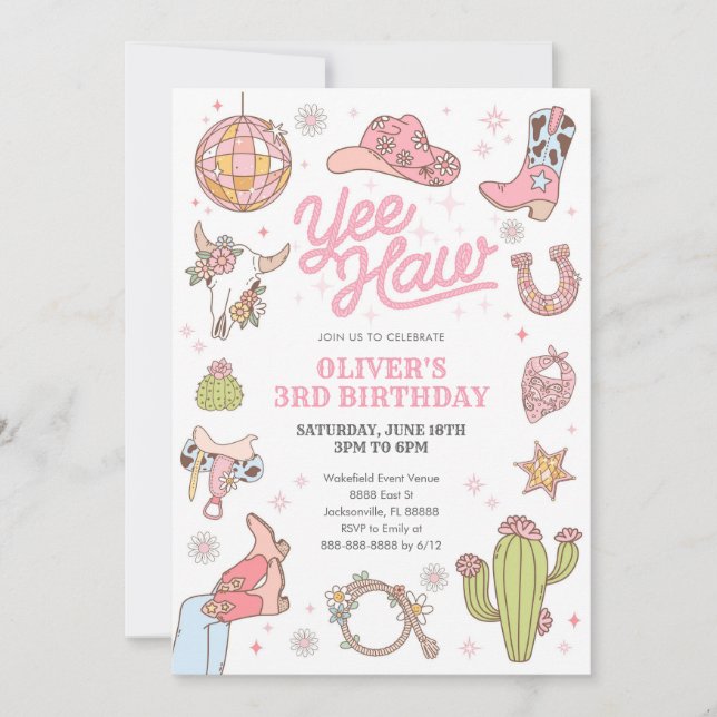 Yee Haw Girl Rodeo Retro Disco Cowgirl Birthday Invitation (Front)