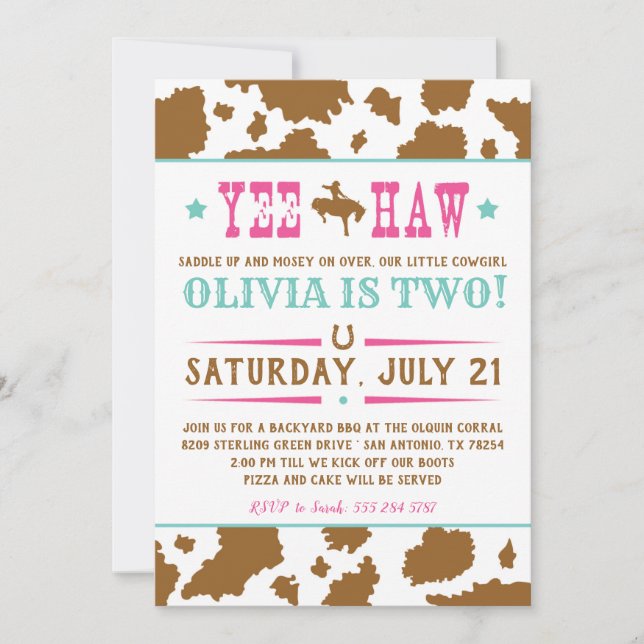 Yee Haw Rodeo Cowgirl Birthday Invitation (Front)