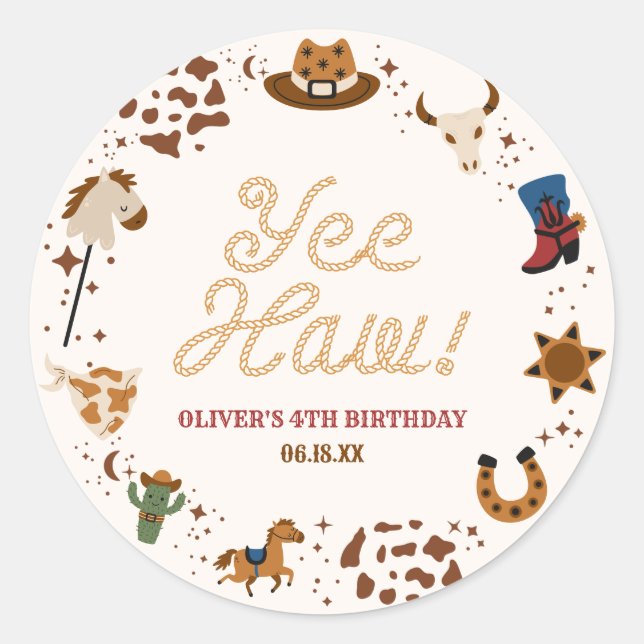 Yee Haw! Western Cowboy Rodeo Birthday Party Classic Round Sticker (Front)