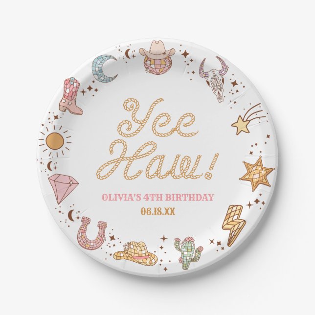 Yee Haw! Western Disco Cowgirl Birthday Party Paper Plate (Front)