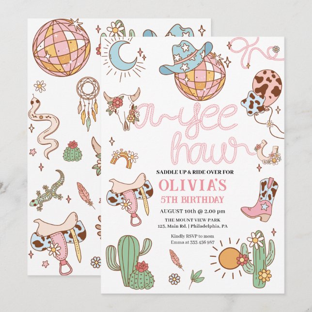 Yee how Girl Birthday Disco Rodeo Party Save The Date (Front/Back)